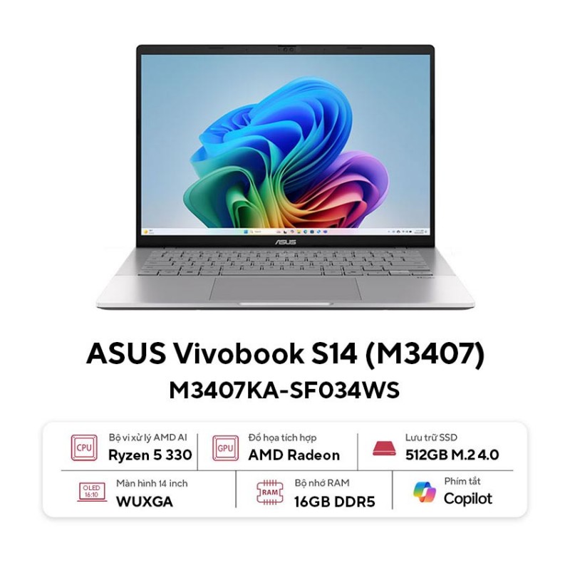 Laptop Asus VivoBook M3407KA-SF034WS (R5 AI 330/16GB RAM/512GB SSD/14 WUXGA/Win11&Office365/Bạc)