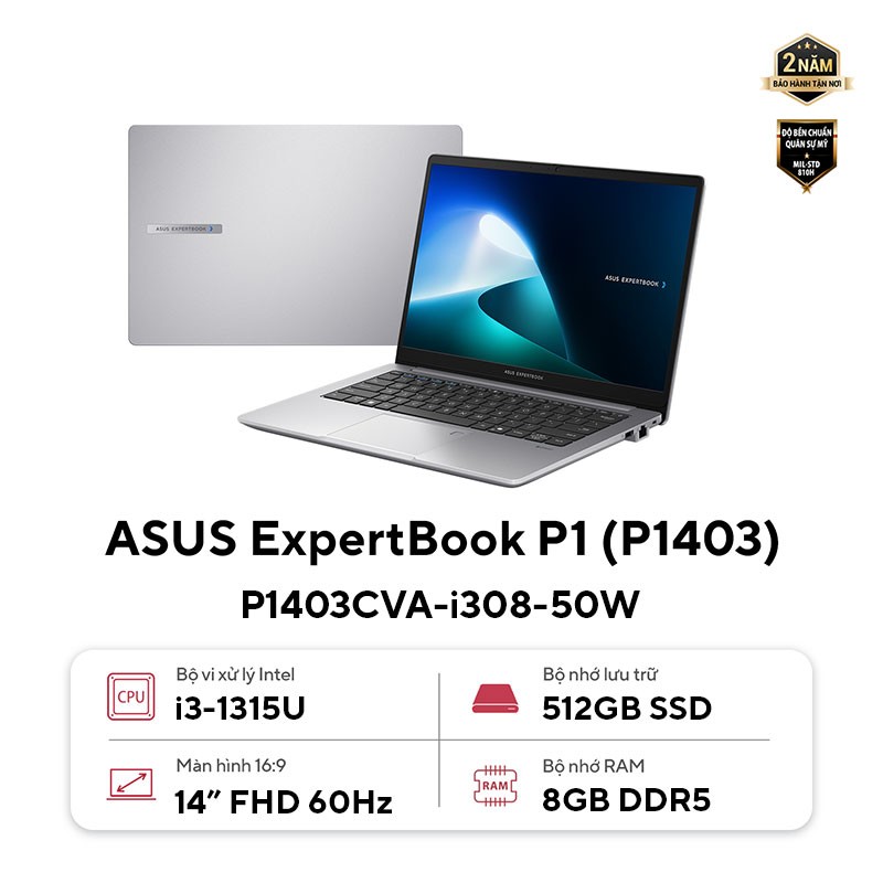 Laptop ASUS ExpertBook P1403CVA-i308-50W (Intel Core i3-1315U | Intel UHD | 14 inch FHD | 8GB | 512GB | Win 11 | Xám)