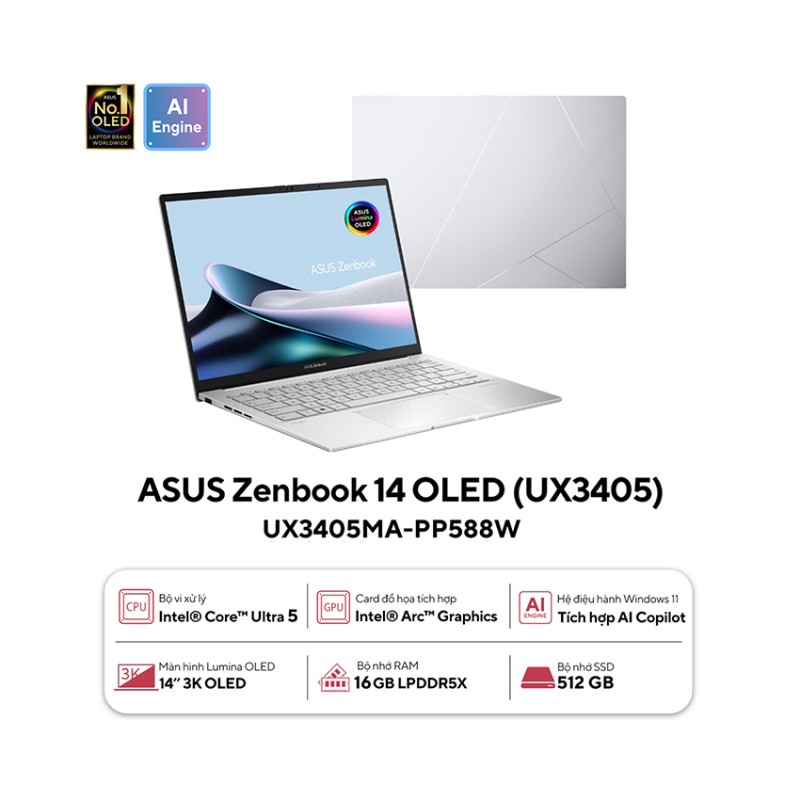 Laptop Asus Zenbook UX3405MA-PP588W (ULTRA 5 125H/16GB RAM/512GB SSD/14 3K/WIN11/CÁP/TÚI/BẠC)